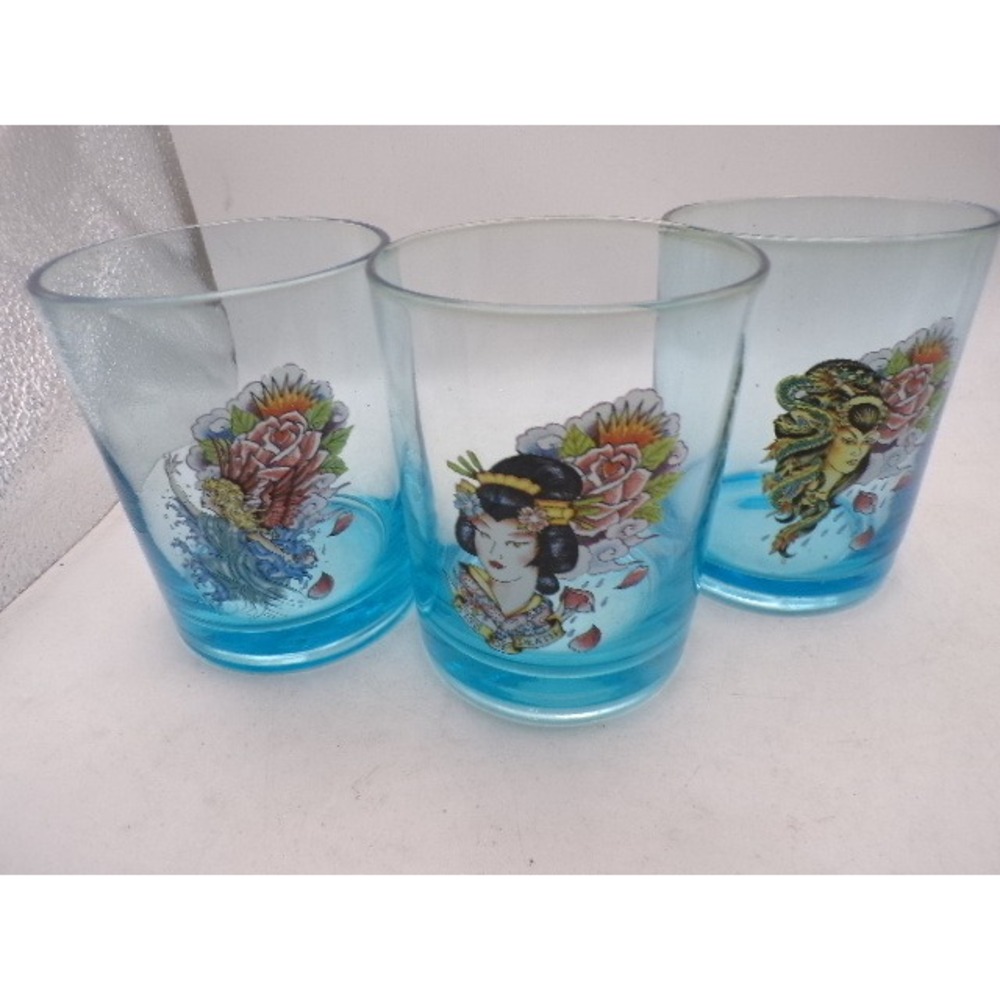 Ed Hardy Blue Tattoo Art Glasses Set of 3 Geisha Medusa Angel Tumblers 4 Inch